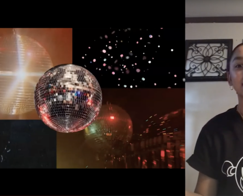 Split screen of disco ball glittering and student mid speaking