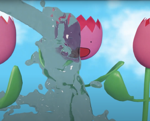Illustration of a pink tulip being sprayed with water