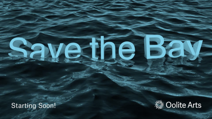 Graphic of dark blue water with 3D words Save the Bay floating on the water "starting soon" is in the left bottom corner of the screen