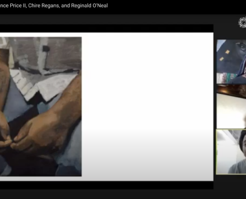 Screenshot of a painting by Reginald O'Neal on the right side are three squares with Chire Regans, Terence Price II and Reginald O'Neal in each rectangle