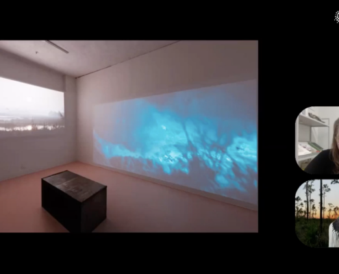Divided screen showing installation view of Sasha Wortzel exhibition and Sasha Wortzel and Kristan Kennedy in round rectangle bubbles