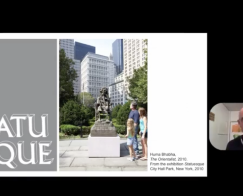 Split screen titled Statuesque on the left with Nicholas Baume in a rounded rectangle