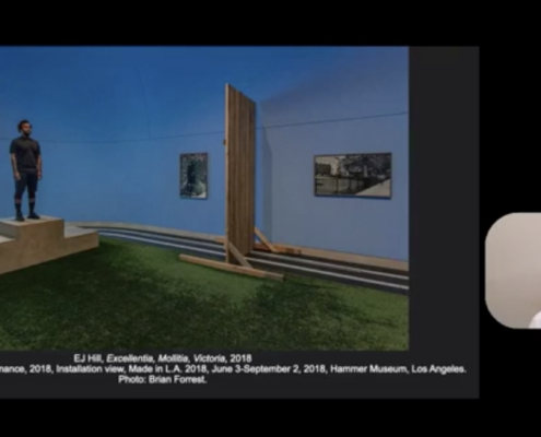 Splitscreen left side featuring an image an artwork with Erin Christovale in a rounded rectangle