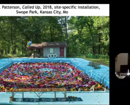 Split Screen with Ebony G Patterson artwork on the left and Dan Cameron on the right