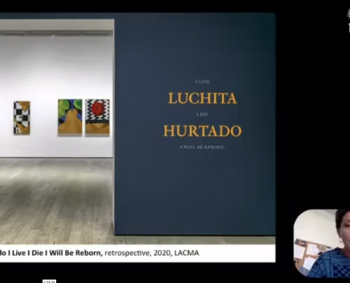Split screen of artwork by Luchita Hurtado and Rita Gonzalez in a rounded rectangle screen