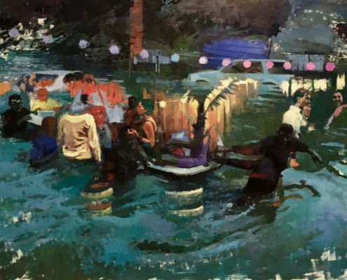 A cool tone painting of people in water with string lights surrounding them