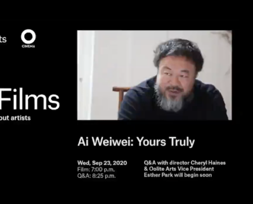 Holding screen for Art Films featuring text and a portrait of Ai Wei Wei