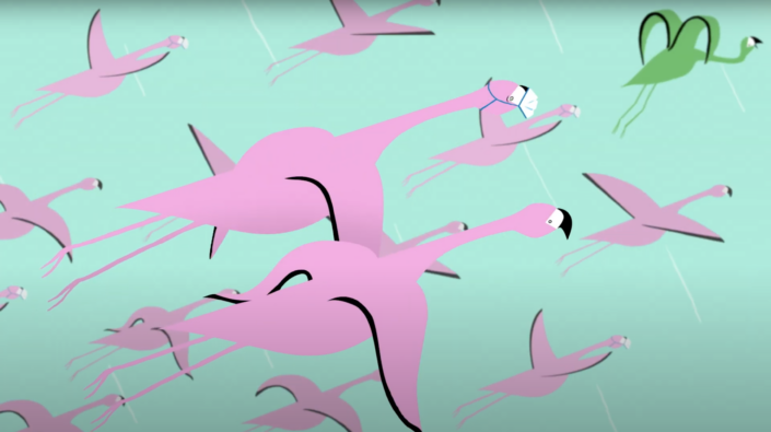 Animated flying flamingos against a teal sky with one green flamingo in the top right corner