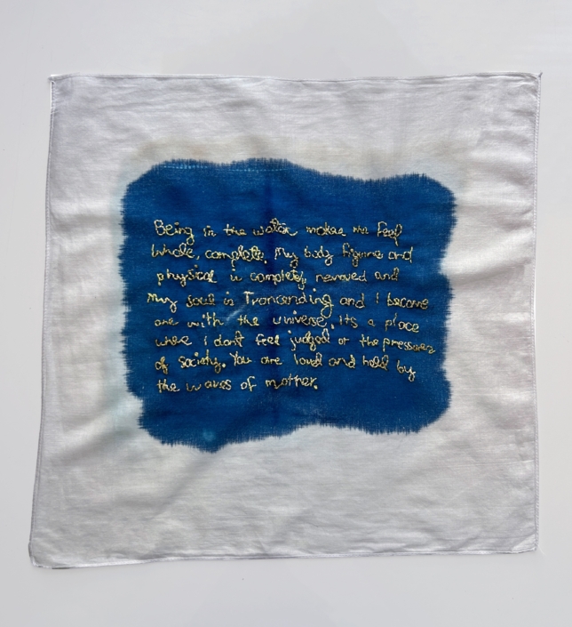 8 Being in the water makes me feel whole complete 2024 16x 16 cyanotype and embroidery thread