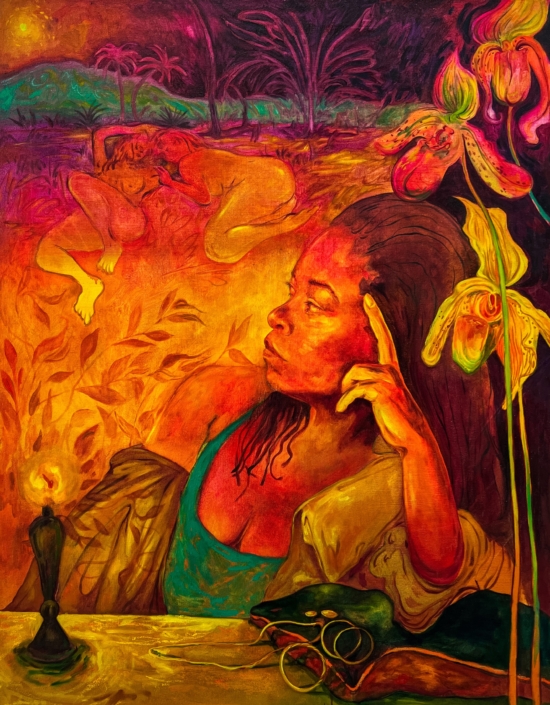 Hidden in the Hills Fleur du Mal 2024 36x48 Oil paint and pastel on canvas