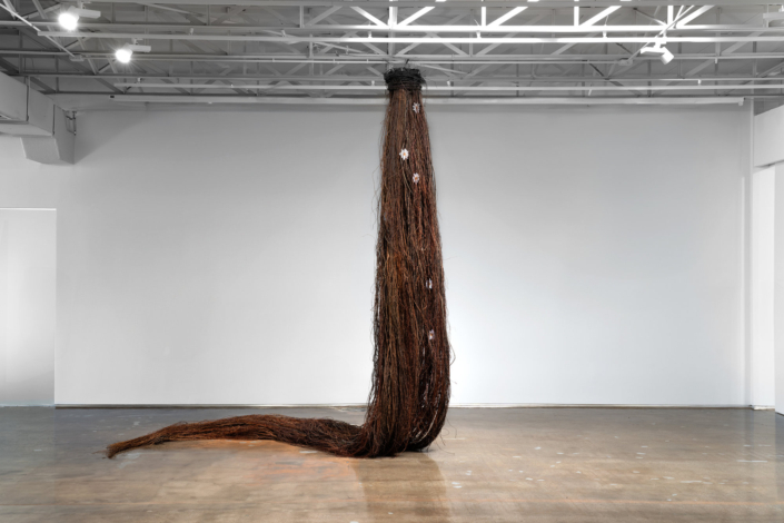 Carol Jazzar hanging by a thread THE UNCERTAIN AWAKEING OF A BARREN BUNCH 2024 banyan roots and C Print photographs cut out