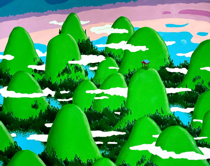 Gregory Dirr Hills With Small Pavilion.2019 33w x 26h Gouache on raw canvas