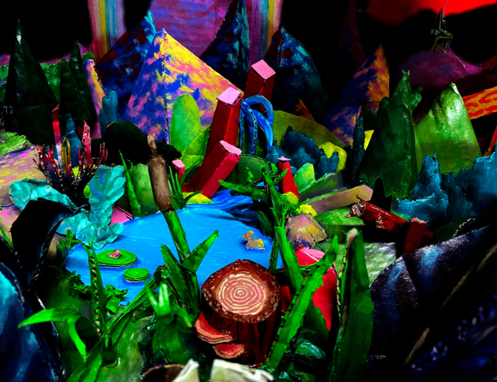 Gregory Dirr Island Interior.2021 28w x 22h x 28d Cardboard acrylic Plexiglas glitter ink and monofilament