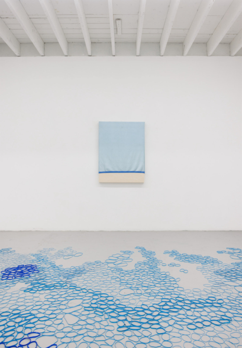 Marisa Telleria 02 BLUE HORIZON wall 2023 fabric on wood 30x40x2 inches