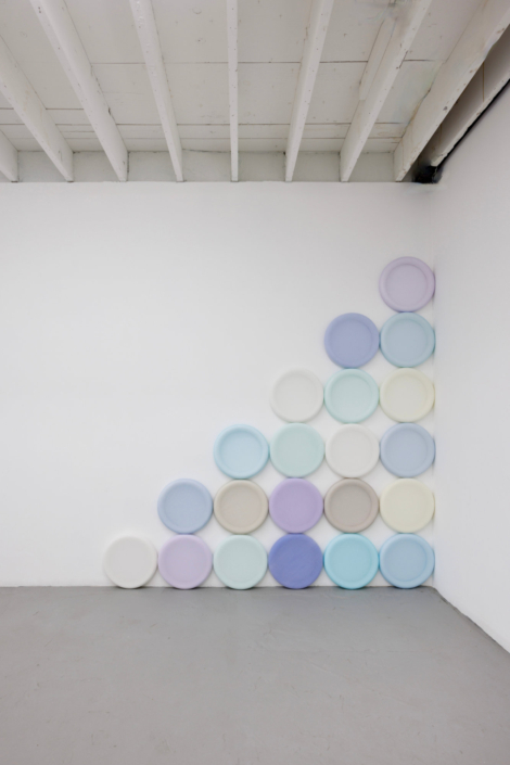 Marisa Telleria 03 After Flavin 2024 layered tulle fabric and scrim on foam 8ft x 8ft x 2in each unit 16dia