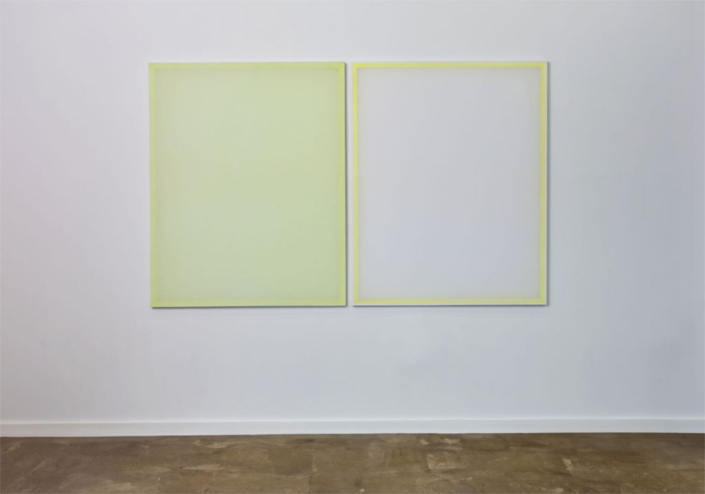 Marisa Telleria 10 Untitled Lime light 2024 layered scrim and tulle fabric on wood acrylic paint each unit 4ft x 5ft x 1 in