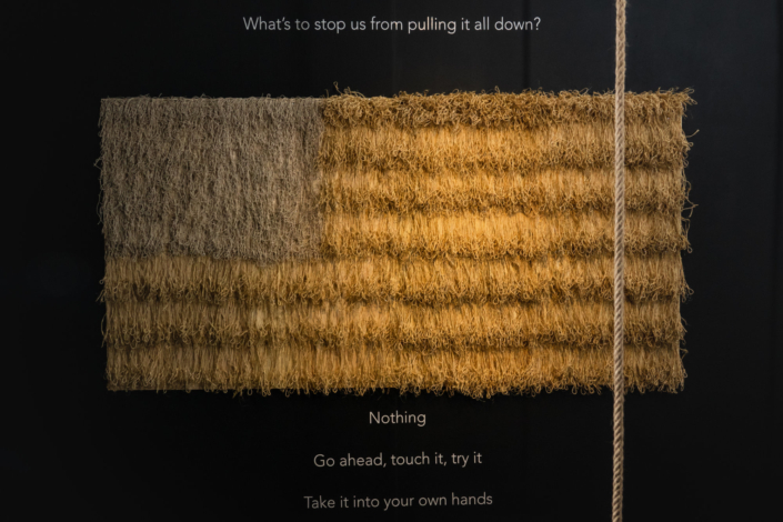 Ọmọlará Williams McCallister 9 Noose Nap Flag 8 foot by 8 foot twine staples plywood black paint white vinyl text leaf compost 2020 photo credit Reese Bland